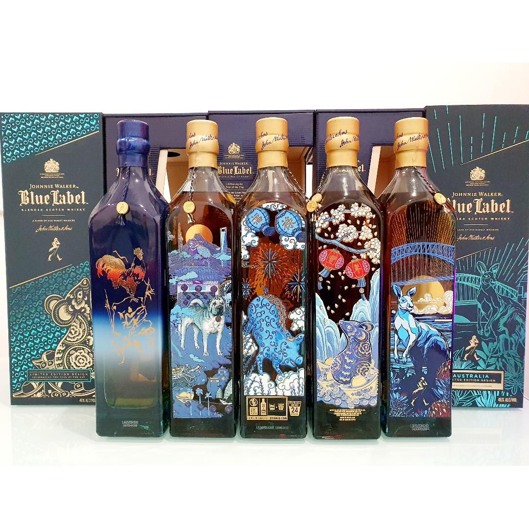 Johnnie Walker Blue Label SET of 5 Ltd Editions (Rooster+ Pig + Dog + Rat + Australia) 5 X 750 mL @ 40% abv