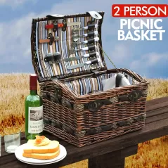 Wicker 2 Person Picnic Basket Camping With Folding Handle