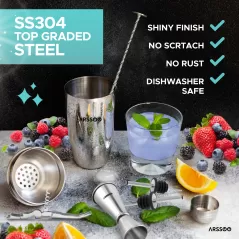 ARSSOO Cocktail Shaker Set 7 Piece Stainless Steel 750ml Martini Shaker Mixology Bartender Kit