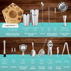 ARSSOO Bartender Kit: 18-PCS Cocktail Shaker Set | Professional Bar Tools & Rotating Bamboo Stand, Boston Shakers, Cocktail Strainers (Julep,Mesh,Hawthorn) ARSSOO