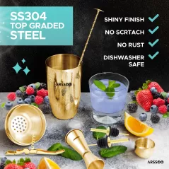 ARSSOO Cocktail Shaker Set: 7-Piece Stainless Steel 750ml Martini Shaker Bartender Kit | Home Professional Beginners Bartending Bar Tools & Gift | ARSSOO (Gold)